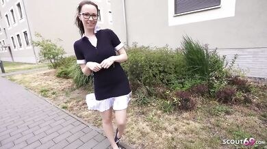 German glasses girl Ronya gets destroyed with big hard cock at casting