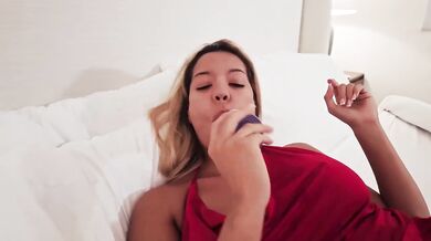 Tight pussy stretched by her purple toy as she moans for more cum