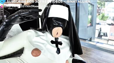 Femdom cum shots crushed under heavy latex condom suit