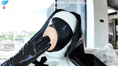 Femdom cum shots crushed under heavy latex condom suit