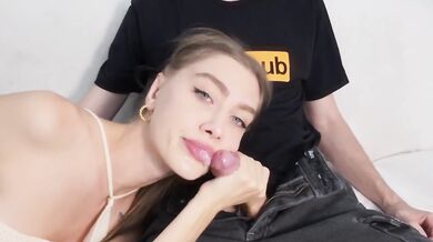 TikTok blonde deepthroats big dick until she gags and swallows deep