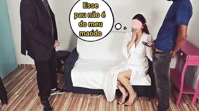 Blindfolded bride teased by cuckold husband during honeymoon