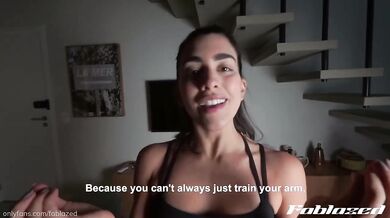Athletic girl training gets encouragement then jerks off after workout