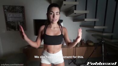 Athletic girl training gets encouragement then jerks off after workout