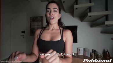 Athletic girl training gets encouragement then jerks off after workout