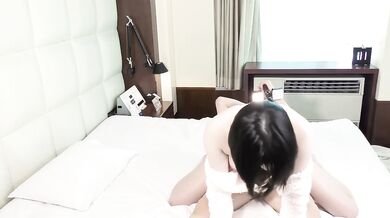 Black-haired Japanese goddess gets drilled raw shredded shaved juicy cowgirl creampie