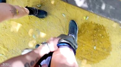 Seville park slut deepthroated blown flooded with cum and piss shower in broad daylight