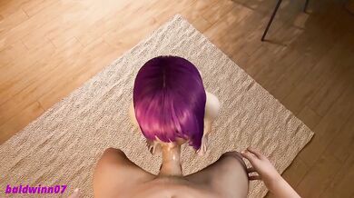 Purple Haired Petite Girl Blowjob Then Doggy Gets Creampie