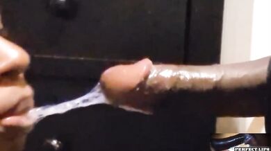Diamond lips deepthroat ebony sloppy dick into mouth POV cum
