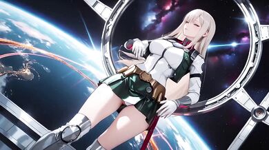 Blonde astronaut in the cockpit her white uniform stretched tight while tracing fingertips along the waist