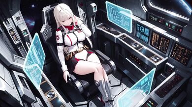 Blonde astronaut in the cockpit her white uniform stretched tight while tracing fingertips along the waist