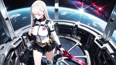 Blonde astronaut in the cockpit her white uniform stretched tight while tracing fingertips along the waist