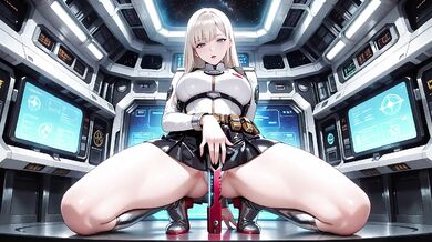 Blonde astronaut in the cockpit her white uniform stretched tight while tracing fingertips along the waist
