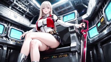 Blonde astronaut in the cockpit her white uniform stretched tight while tracing fingertips along the waist