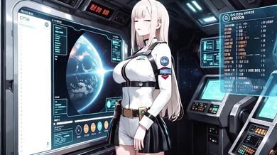 Blonde astronaut in the cockpit her white uniform stretched tight while tracing fingertips along the waist