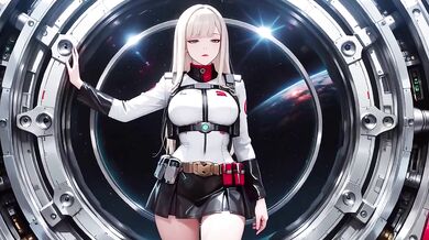 Blonde astronaut in the cockpit her white uniform stretched tight while tracing fingertips along the waist