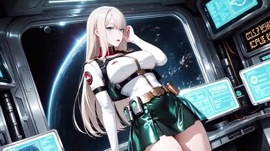 Blonde astronaut in the cockpit her white uniform stretched tight while tracing fingertips along the waist