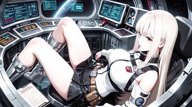 Blonde astronaut in the cockpit her white uniform stretched tight while tracing fingertips along the waist