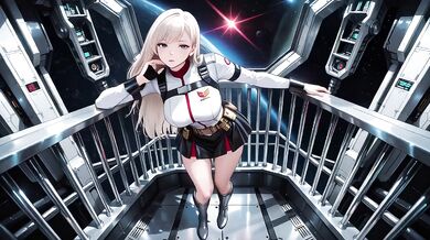 Blonde astronaut in the cockpit her white uniform stretched tight while tracing fingertips along the waist