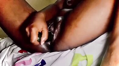 Black girl's dripping pussy destroyed by thick cucumber while she cums hard alone