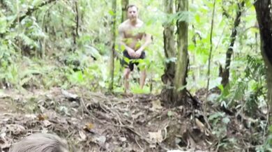 Two horny babes get ravaged outdoors by a voyeur in a wild threesome