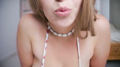 Summer chubby MILF rides dildo in cute bikini bouncing big natural tits