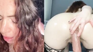 Split Screen Petite British Girl Gets Oiled Up For Deep Anal Ride