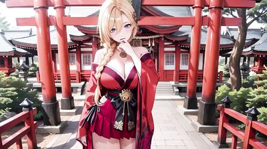 Blonde Miko’s Forbidden Shrine Prayer High-Slit Hakama Drips Under Goddess’s Wet Gaze