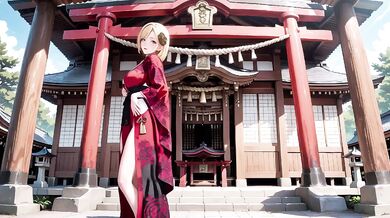 Blonde Miko’s Forbidden Shrine Prayer High-Slit Hakama Drips Under Goddess’s Wet Gaze