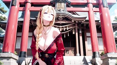 Blonde Miko’s Forbidden Shrine Prayer High-Slit Hakama Drips Under Goddess’s Wet Gaze