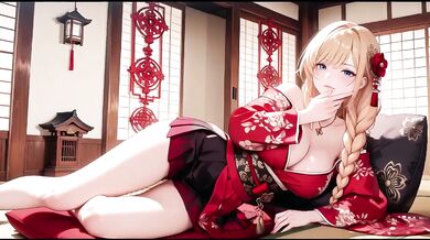 Blonde Miko’s Forbidden Shrine Prayer High-Slit Hakama Drips Under Goddess’s Wet Gaze