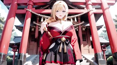 Blonde Miko’s Forbidden Shrine Prayer High-Slit Hakama Drips Under Goddess’s Wet Gaze