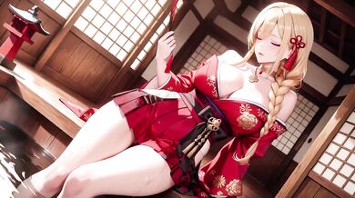 Blonde Miko’s Forbidden Shrine Prayer High-Slit Hakama Drips Under Goddess’s Wet Gaze