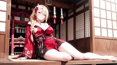 Blonde Miko’s Forbidden Shrine Prayer High-Slit Hakama Drips Under Goddess’s Wet Gaze