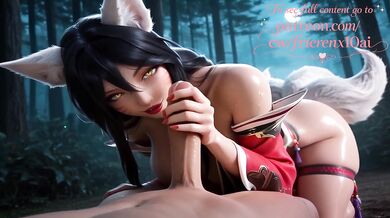 Ahri’s soft hands stroke her big tits in the forest until cumshot