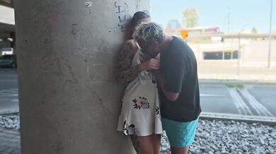 Busted deepthroat on the train platform big tits almost caught fucked raw