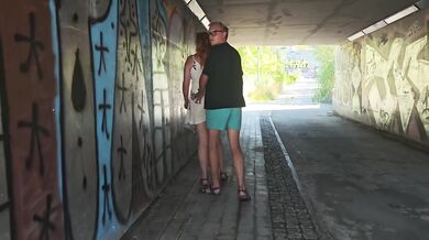 Busted deepthroat on the train platform big tits almost caught fucked raw