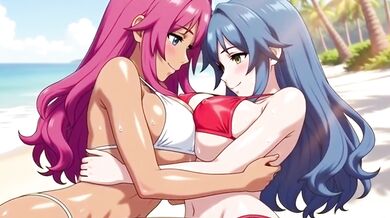 Lesbian beach threesome squirt loud moaning hentai fuck