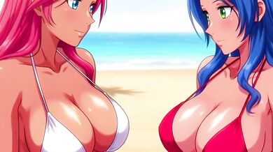 Lesbian beach threesome squirt loud moaning hentai fuck
