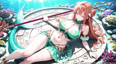 Red-haired Mermaid Princess Destroyed in the Underwater Palace Green bikini glistening Wet