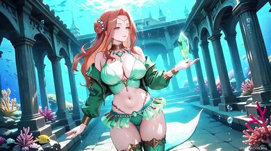 Red-haired Mermaid Princess Destroyed in the Underwater Palace Green bikini glistening Wet
