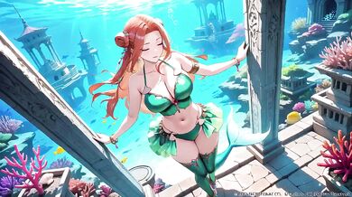 Red-haired Mermaid Princess Destroyed in the Underwater Palace Green bikini glistening Wet