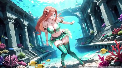 Red-haired Mermaid Princess Destroyed in the Underwater Palace Green bikini glistening Wet