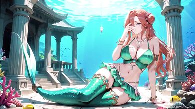 Red-haired Mermaid Princess Destroyed in the Underwater Palace Green bikini glistening Wet
