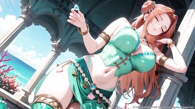 Red-haired Mermaid Princess Destroyed in the Underwater Palace Green bikini glistening Wet