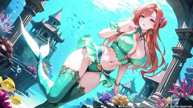 Red-haired Mermaid Princess Destroyed in the Underwater Palace Green bikini glistening Wet