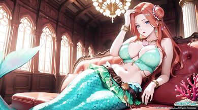 Red-haired Mermaid Princess Destroyed in the Underwater Palace Green bikini glistening Wet
