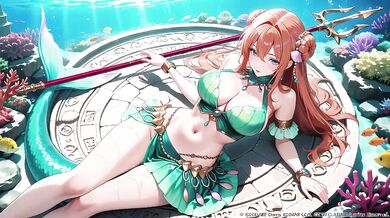 Red-haired Mermaid Princess Destroyed in the Underwater Palace Green bikini glistening Wet