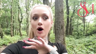 British blonde skinny babe fingering her wet pussy in public woods while risking it all