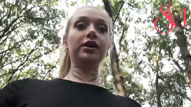 British blonde skinny babe fingering her wet pussy in public woods while risking it all